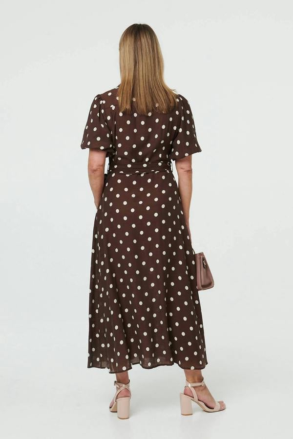 Brown | Polka Dot Tie A-Line Midi Shirt Dress