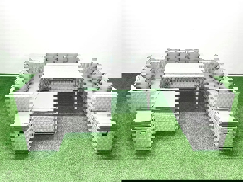 Fimous Rattan Garden Outdoor Furniture Set 12 Seater Garden Sofa Rectangulr Dining Table Set with 3 Footstools Side Table Light Grey Mixed