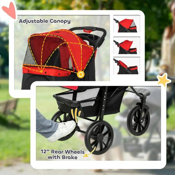 Red and black pet stroller with adjustable canopy and rear wheel brake shown