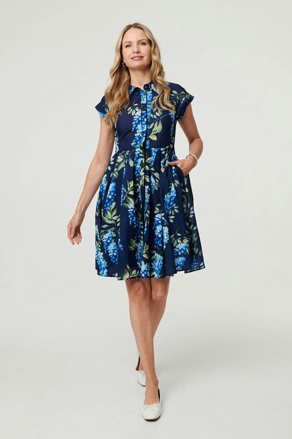 Blue | Floral Cap Sleeve Pleated Short Dress
