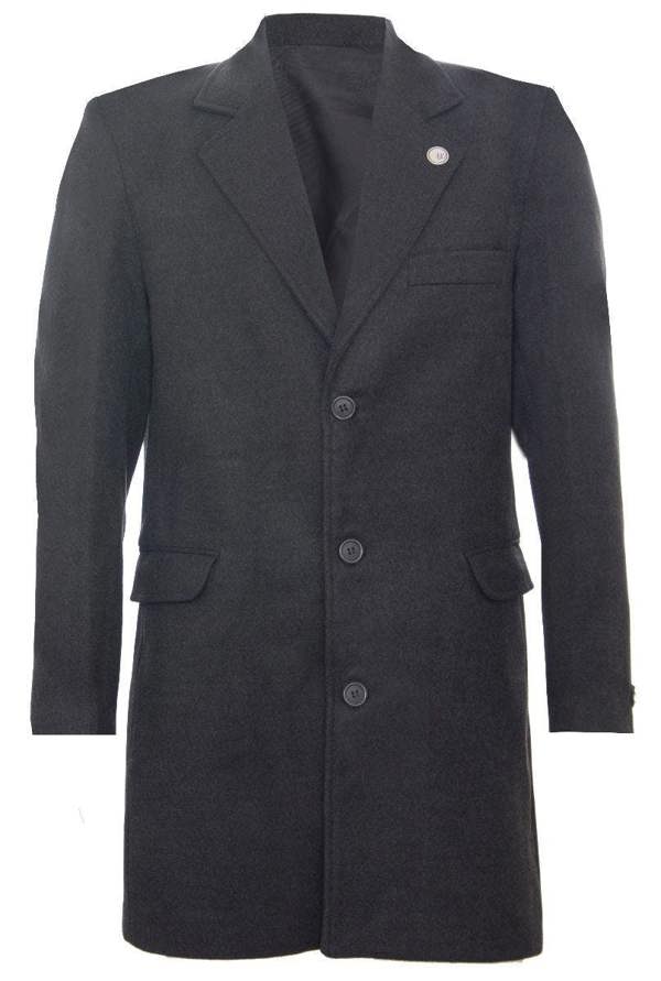 TruClothing Men's Long Charcoal Wool Slim Fit Overcoat