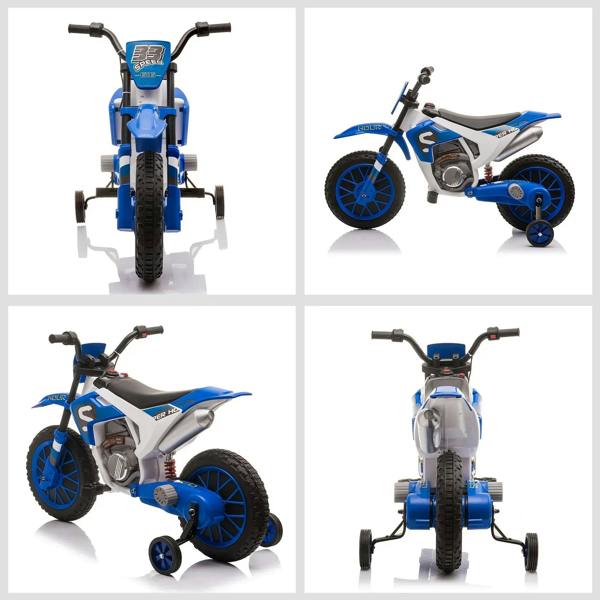 Blue and white kids electric ride-on motorcycle shown from multiple angles