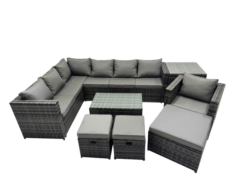 Fimous Outdoor Rattan Rectangular Coffee Table Corner Sofa Setss Garden Furniture Sets with Side Table 2 Small Stools Dark Grey Mixed