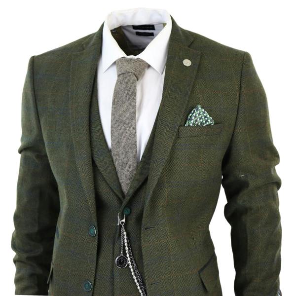 TruClothing Mens 3 Piece Wool Suit Olive Green Tweed Check Peaky Blinders 1920 Gatsby Formal