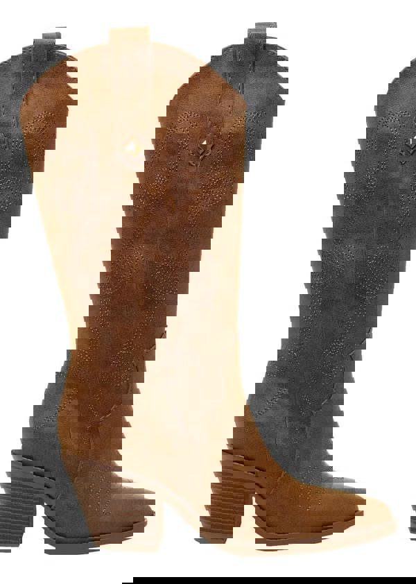 Rocket Dog Feria Womens Mid Calf Cowboy Western Pull On Boots, brown leather cowboy boots with decorative stitching and a mid-height chunky heel.