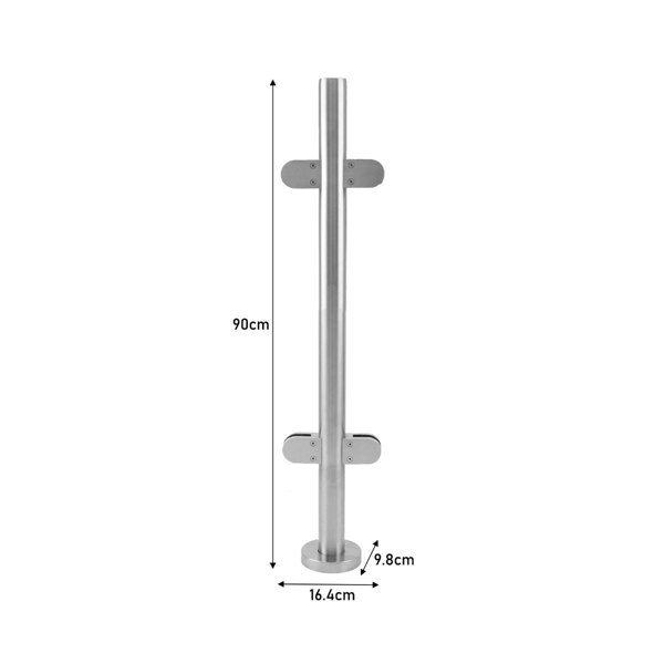 Stainless steel balustrade mid post, 90cm high, featuring a sleek cylindrical design with a polished finish and sturdy base