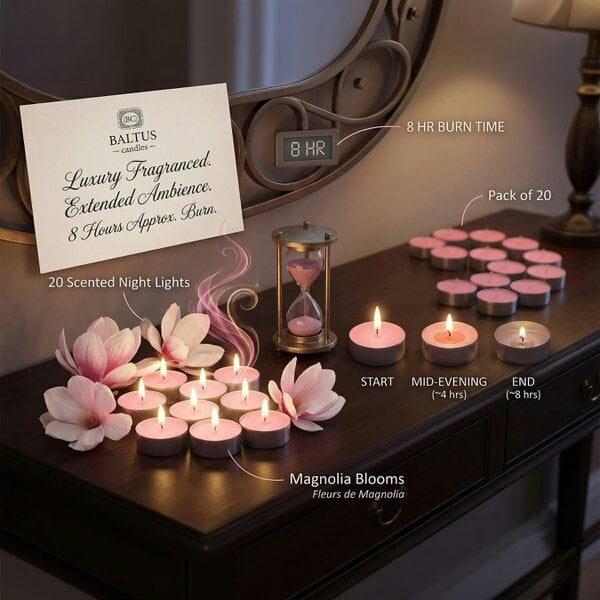 Baltus Magnolia Blooms Scented Tealight Candles, Pack of 20, Up to 8 Hour Burn Time