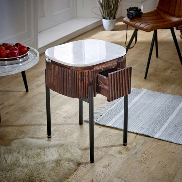 IH Design Miel Mango Wood Bedside Table With Marble Top & Metal Legs
