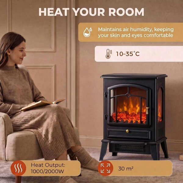 Electric Fireplace Stove, 1000/2000W 3-Sided Freestanding Fireplace Heater with 3D Flame Log, Thermostat, Black