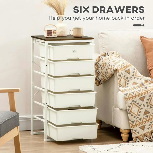 White 6-drawer tall dresser, front view with dark wood top and arched drawer handles
