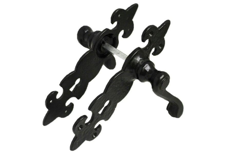 EDH Door Hardware Black Cast Iron Fleur-de-Lys Lever Lock Door Handles  Ornate Antique Internal
