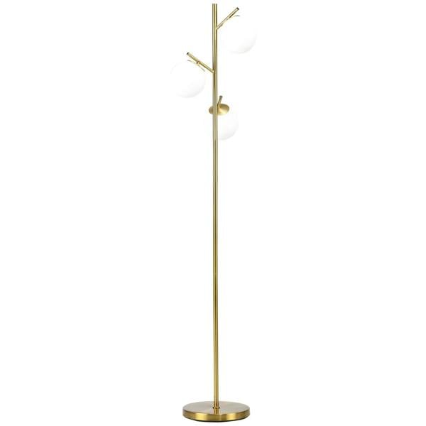 Gold standing three-globe floor lamp with slender pole and round white shades