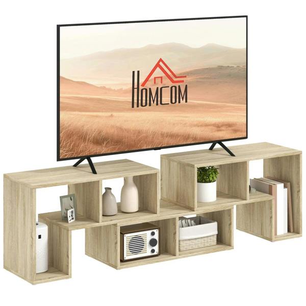 Grey wood-effect modular TV stand with three open storage blocks and shelf space