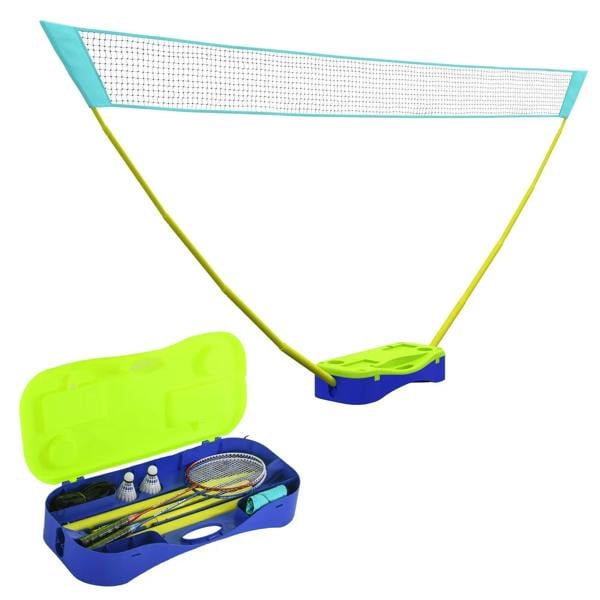 Portable badminton and volleyball net with black mesh and lime frame, blue open carry case below