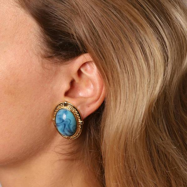 Gold Trip Vintage Marbled Turquoise Clip On Earrings