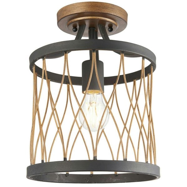 Flush Ceiling Mount Light Black & Bronze Round Rustic Vintage Metal Wire Lamp Loops