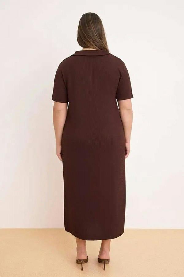 WOVCOR Polo Collar Slit Regular Fit Midi Stretch Knit Plus Size Dress