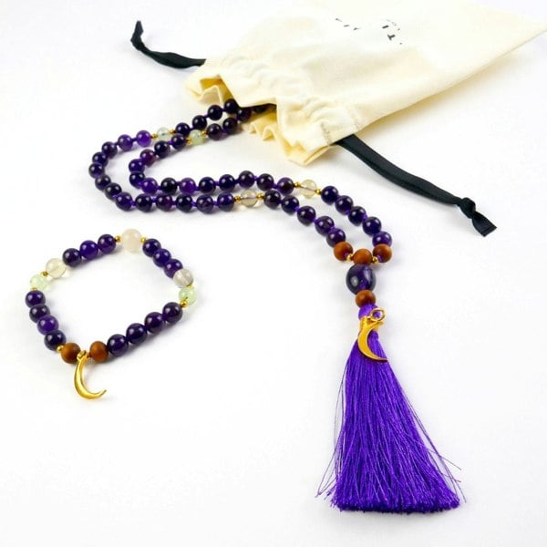 Kati Kaia Amethyst Crystal Pure Mala Prehnite and Lemon Quartz with purple tassel and pouch