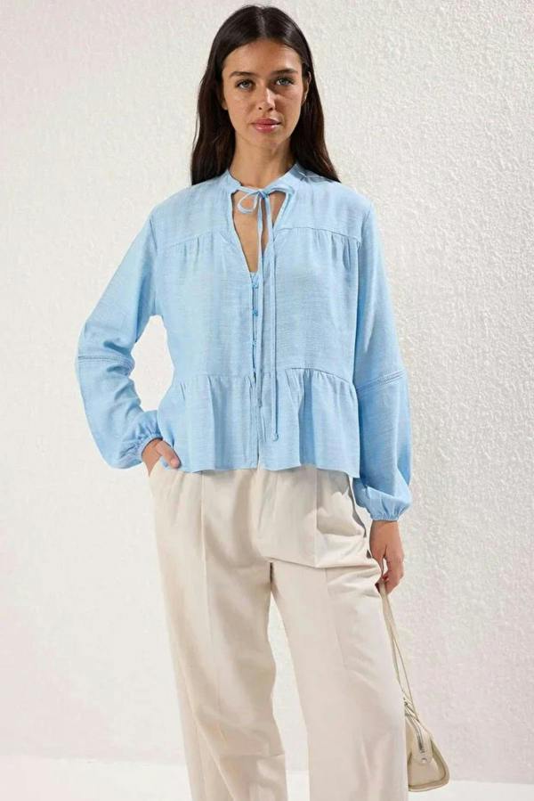 Hoxton Gal Cotton-Textured Regular Fit Woven Shirt with Lace Sleeve Detail