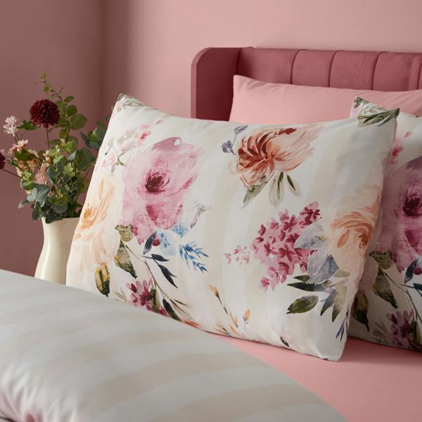 Catherine Lansfield Floral Stripe So Soft Reversible Duvet Cover Set Cream