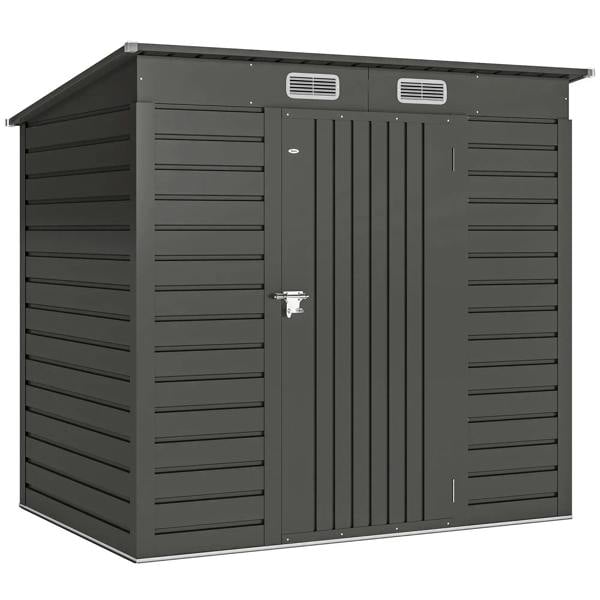 Grey metal garden shed with locking double doors and slatted wall panels