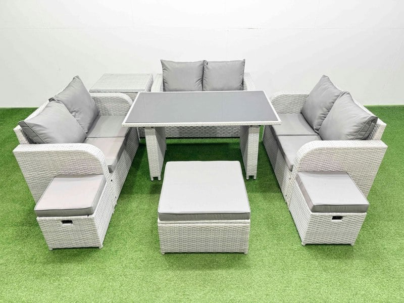 Fimous 9 Seater Patio Garden Furniture Sets with Black Glass Top Dining Table Love Sofa Side Table 3 Stool Light Grey