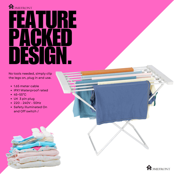 Homefront Electric Heated Clothes Horse Rail Airer Dryer 130W - Indoor Portable Free Standing - Energy Efficient, Low Energy