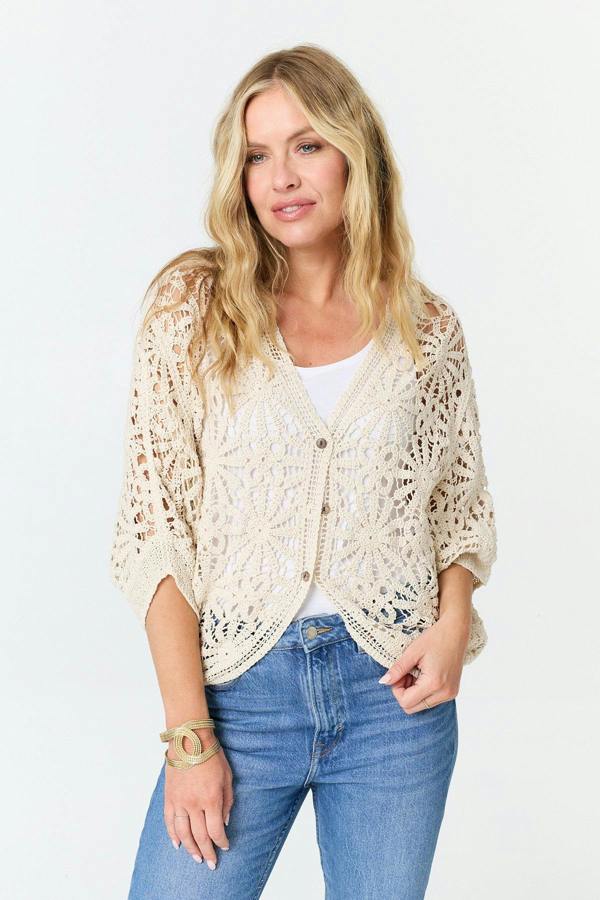 Beige | Floral Crochet Mesh Textured Cardigan : Model is 5'10"/178 cm and wears UK8/EU36/US4/AUS8