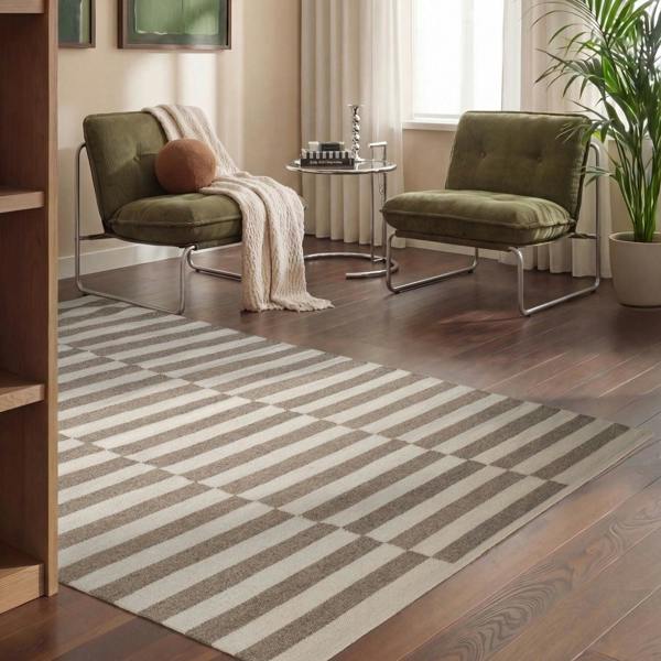 Vika Grey wool rug, striped design, reversible, underfloor heating, hand-woven, easy-care rug.