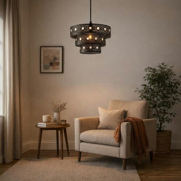 Matte Black Acrylic Gem Moroccan Style Triple Tier Pendant Lamp Shade Image 6