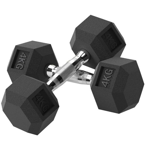 Pair hex rubber dumbbells, black 4 kg each, chrome handle with textured grip