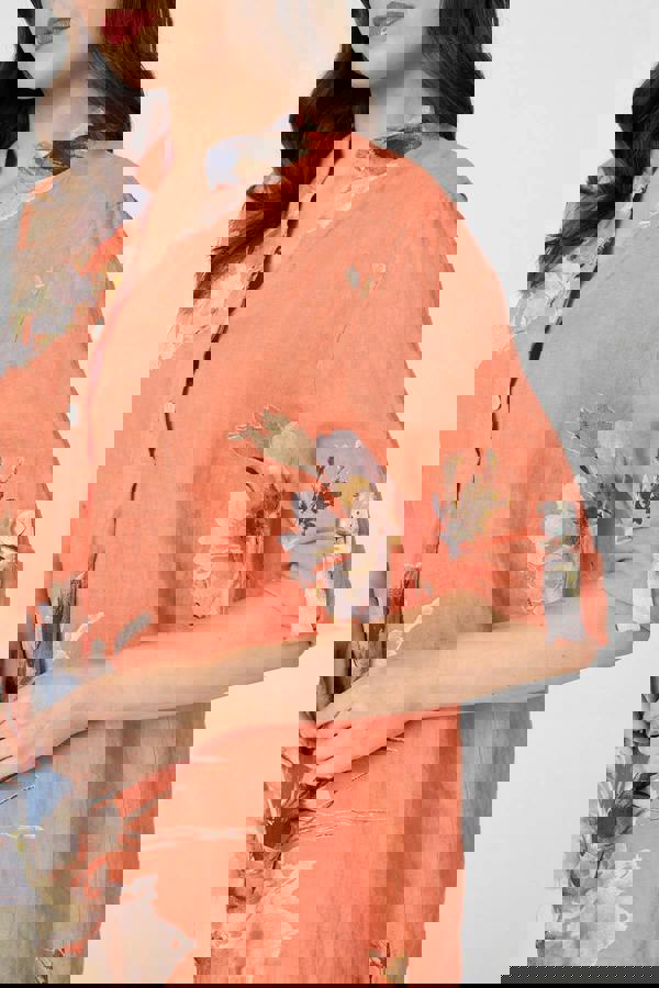 Orange | Floral Relaxed Turn-Up Sleeve Blouse
