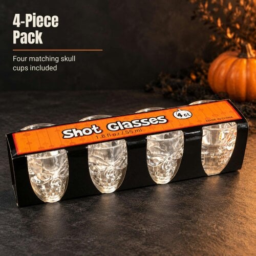 Shatchi Clear Halloween Skull Shot Glasses 4 Pack, 55ml Plastic Party Drinkware