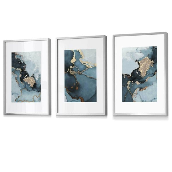 Set of 3 Abstract Teal Blue and Gold Framed Wall Art Prints | Artze Wall Art UK