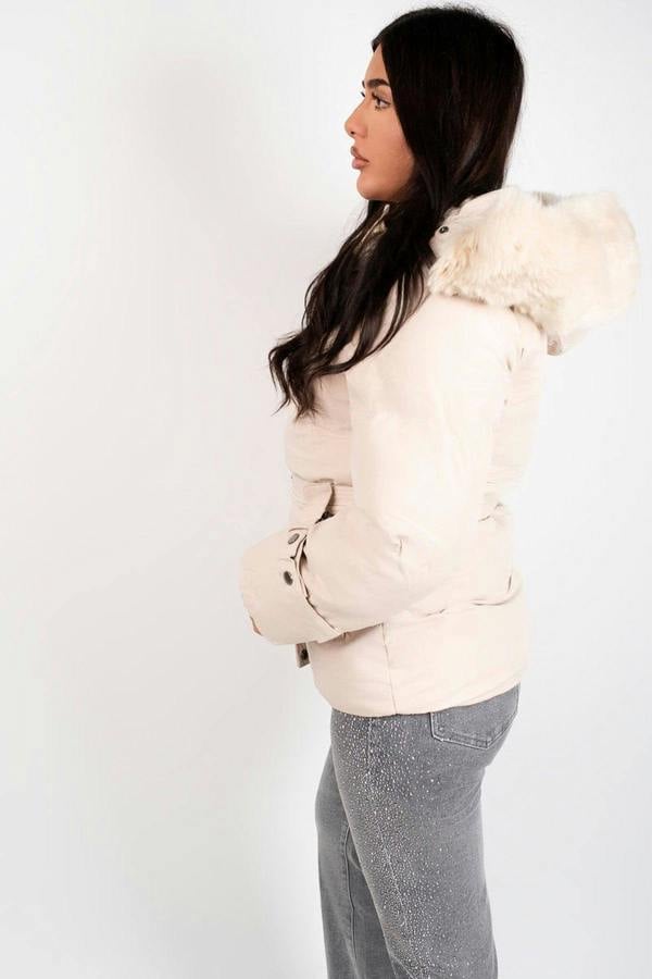 Serelina Belted Puffer Jacket With Faux Fur Hood - Beige