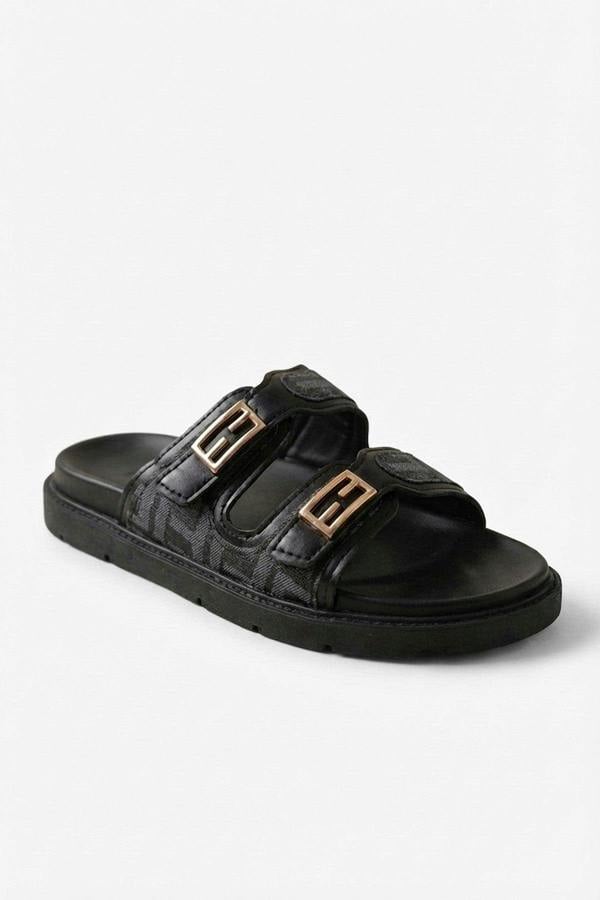 Willow Patterned Buckle Sandals - Black_wb