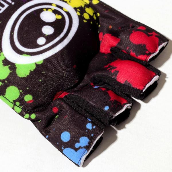 Close-up of black Optimum Fusion half-finger hockey glove with paint-splatter print and white logo, on white - Optimum