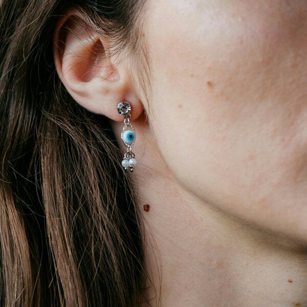 The Colourful Aura White Tiny Pearl Poth Zircon Greek Evil Eye Dangle Drop Handmade Stud Earrings