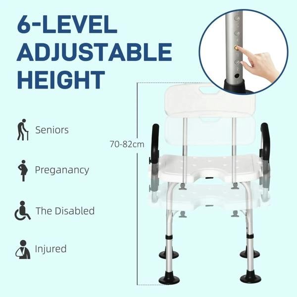 White height-adjustable shower chair with backrest and padded flip-up arms