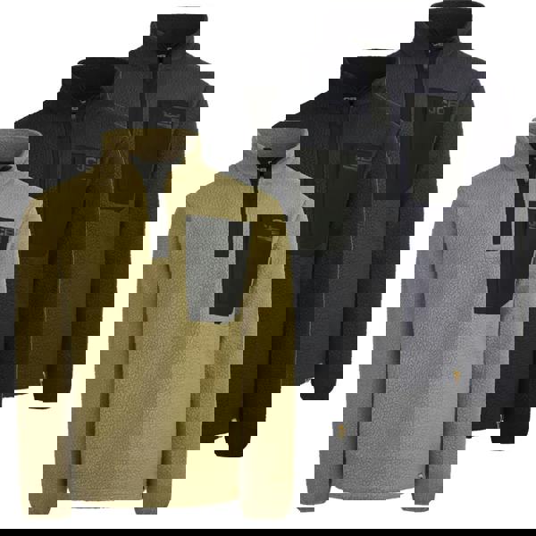 JCB Borg Mens Fleece Trade Work Pull Over Warm 1/4 Zip Sweat Shirt, image showing three fleece sweatshirts in beige, black, and navy blue colors with a front zip and chest pocket.