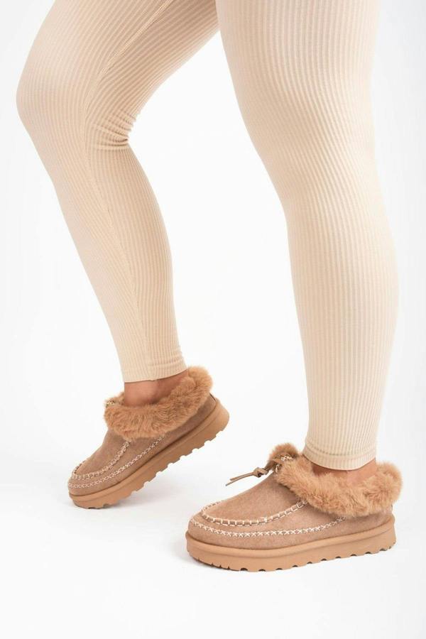 Kessia Faux Suede Fluffy Lined Ankle Boots With Stitch Detail - Khaki