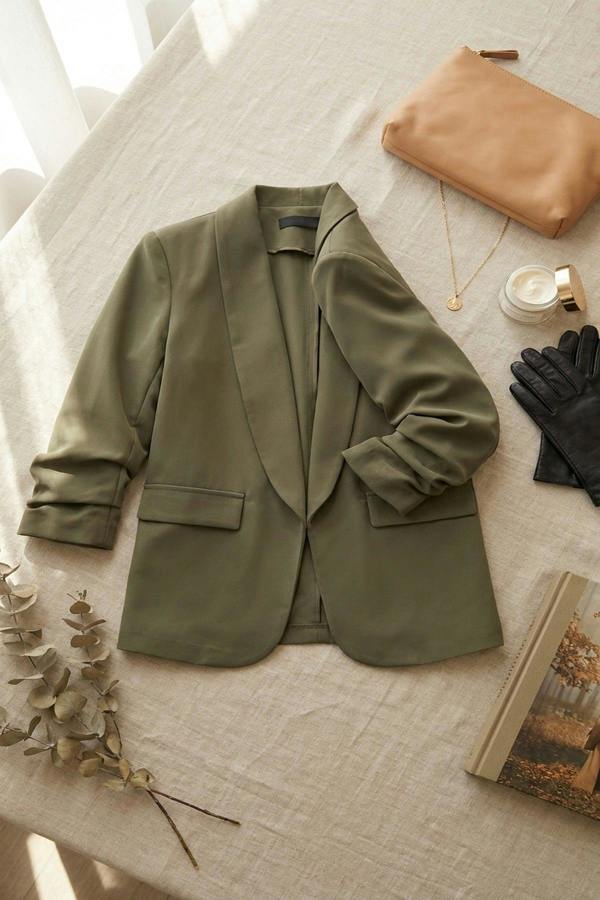 Valerie Ruched Sleeve Open Front Blazer Jacket With Front Pockets - Khaki