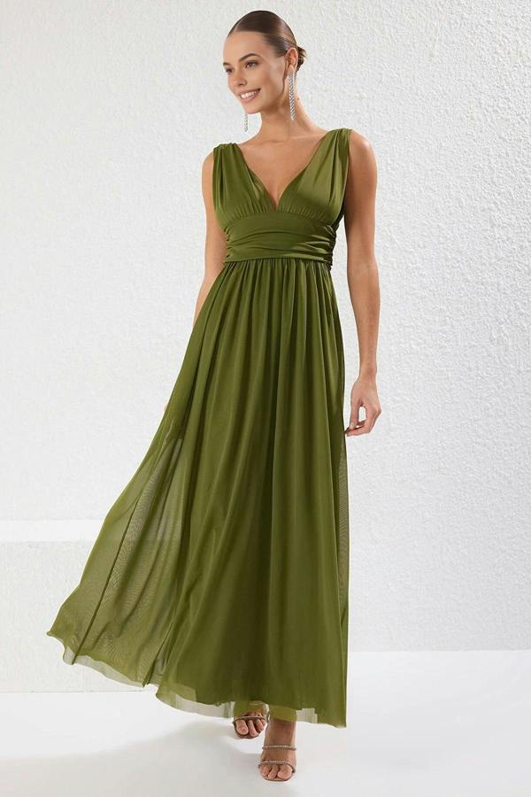 WOVCOR A-Line V-Neck Flowy Tulle Knit Long Elegant Evening Dress