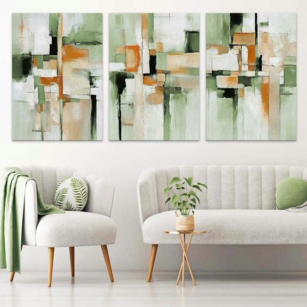 Artze Wall Art Abstract Sage Green and Orange Set of 3 Canvas Wall Art