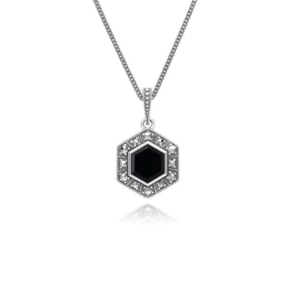 Art Deco Style Hexagon Onyx and Marcasite Pendant Necklace in Sterling Silver 214P333902925 