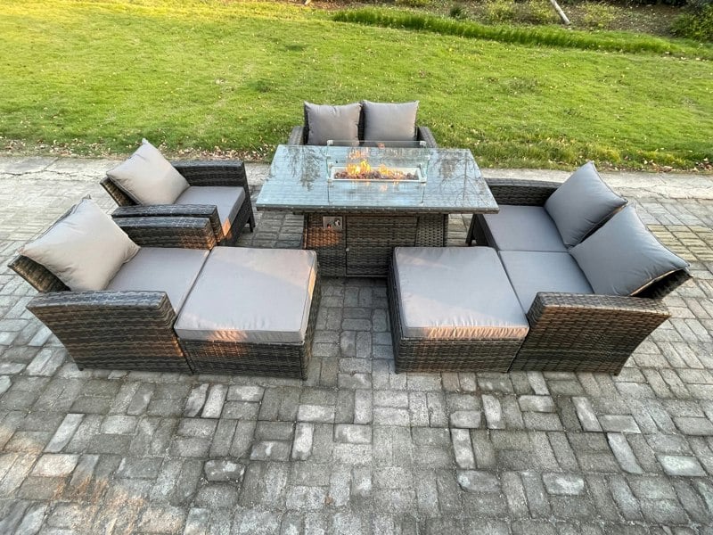 Fimous 8 Seater Rattan Garden Furniture Set Outdoor Lounge Sofa Chair Gas Fire Pit Dining Table Set With 2 Big Footstool Double Seat Sofa Armchiar