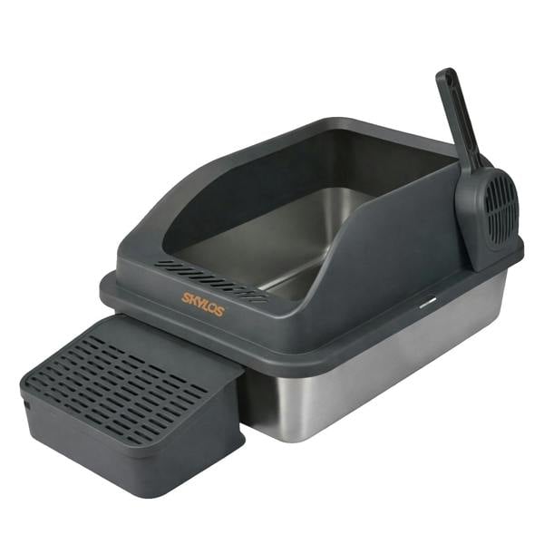 Skylos Stainless Steel Cat Litter Box Big Cats Kitten High Sided Easy Clean Grey