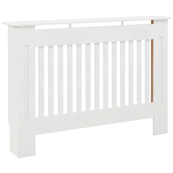 White MDF radiator cover cabinet with slatted grill and side cutout handles
