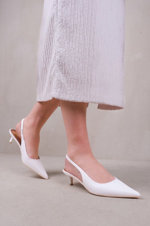 Where's That From New Form Low Kitten Heels With Pointed Toe & Elastic Slingback in White Faux Leather