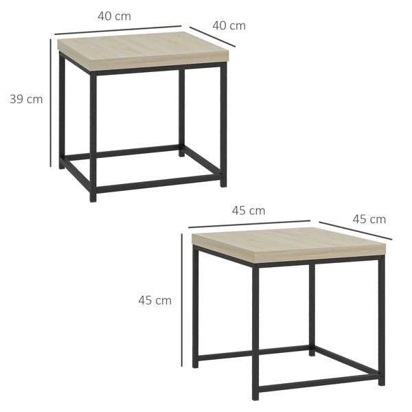 Two nest tables with oak-effect tops and black steel legs; dimensions marked